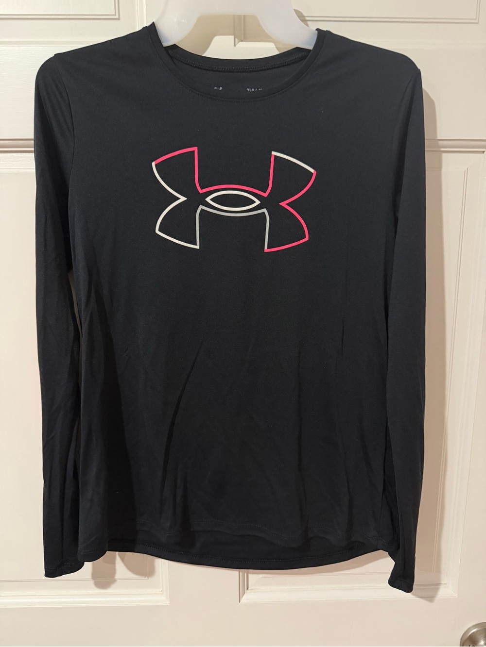 Youth Large Under Armour Black Long Sleeve Logo Tee with Pink Accent